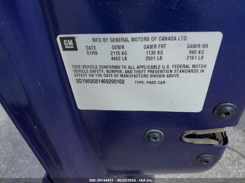2006 Chevrolet Impala Ltz VIN: 2G1WU581469290162 Lot: 39744431
