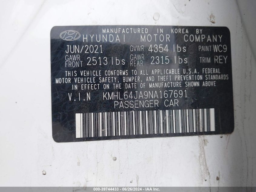 2022 Hyundai Sonata Sel VIN: KMHL64JA9NA167691 Lot: 39744433