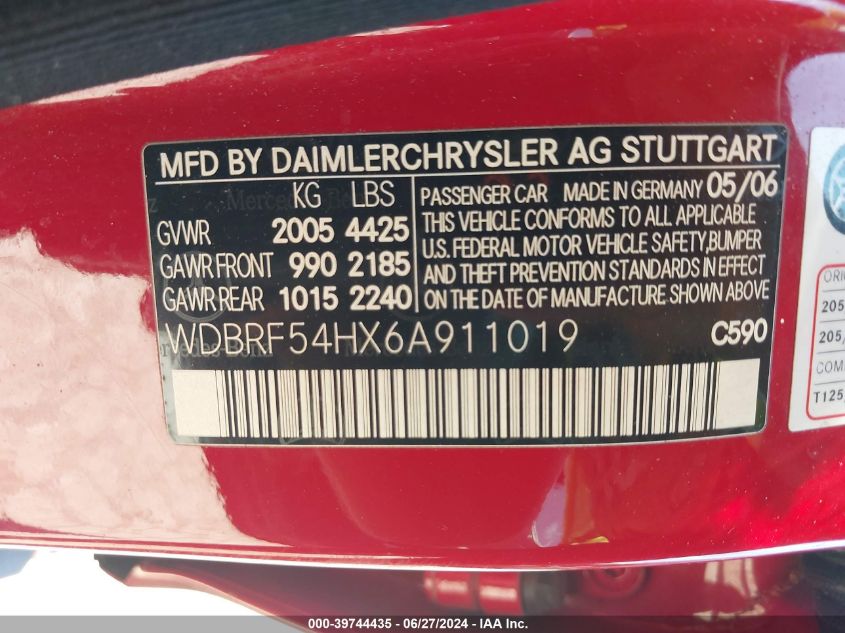 2006 Mercedes-Benz C 280 Luxury VIN: WDBRF54HX6A911019 Lot: 39744435