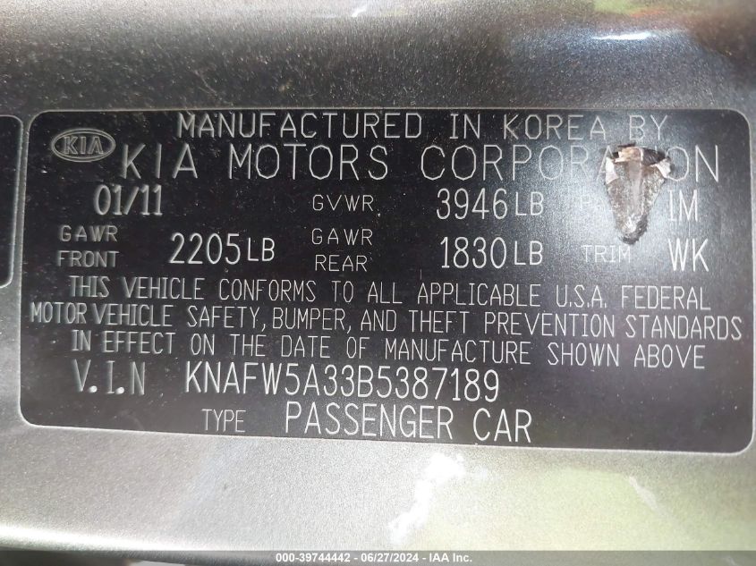 2011 Kia Forte Sx VIN: KNAFW5A33B5387189 Lot: 39744442