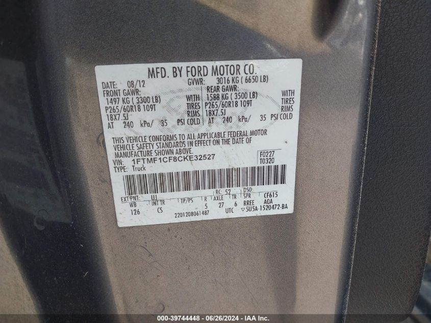 2012 Ford F-150 Stx VIN: 1FTMF1CF8CKE32527 Lot: 39744448