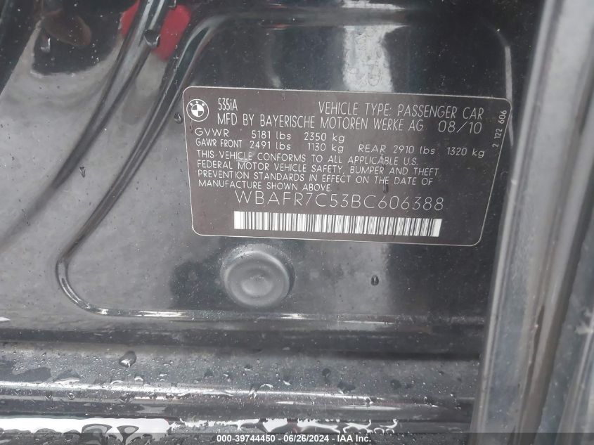 2011 BMW 535I VIN: WBAFR7C53BC606388 Lot: 39744450