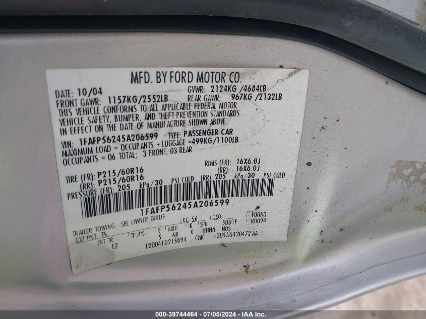 1FAFP56245A206599 2005 Ford Taurus Sel