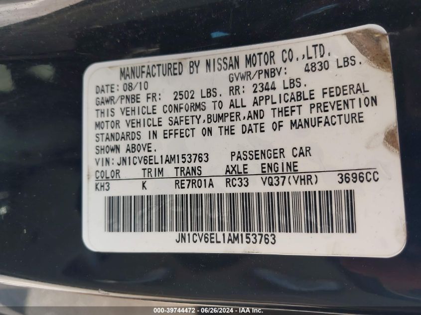 2010 Infiniti G37X VIN: JN1CV6EL1AM153763 Lot: 39744472