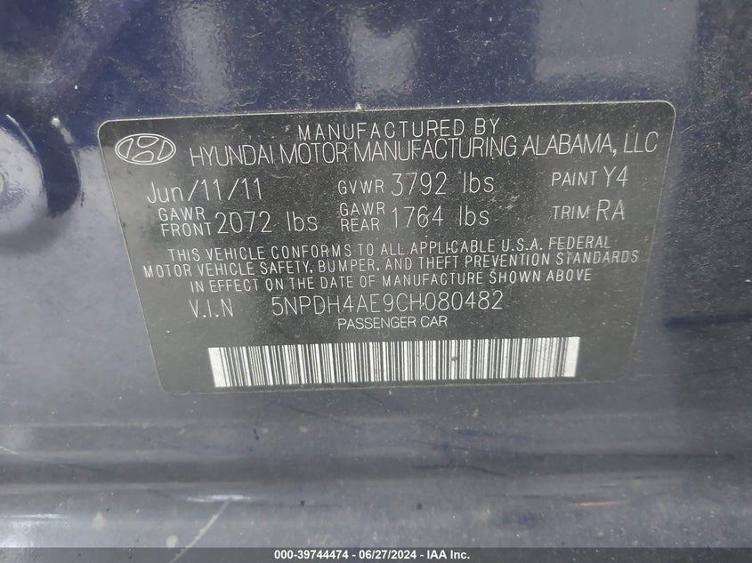 2012 Hyundai Elantra Gls/Limited VIN: 5NPDH4AE0CH080482 Lot: 39744474