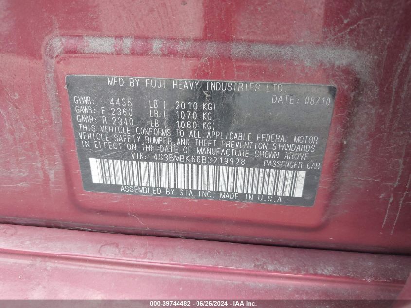 2011 Subaru Legacy 2.5I Limited VIN: 4S3BMBK66B3219928 Lot: 39744482