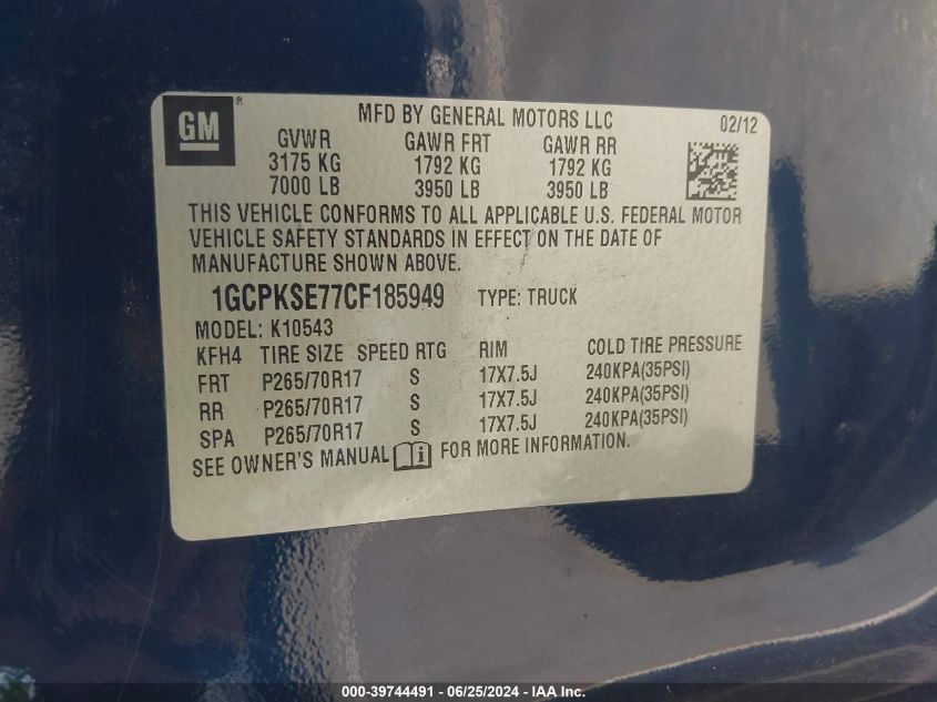 2012 Chevrolet Silverado 1500 Lt VIN: 1GCPKSE77CF185949 Lot: 39744491