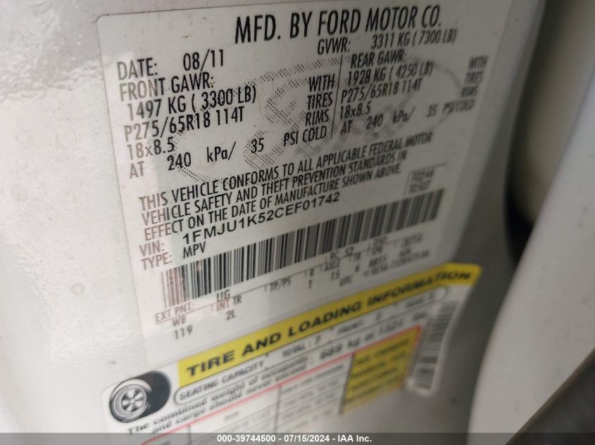 2012 Ford Expedition Limited VIN: 1FMJU1K52CEF01742 Lot: 39744500