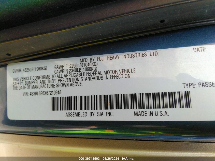 2006 Subaru Legacy 2.5I/2.5I Limited VIN: 4S3BL626X67210948 Lot: 39744503