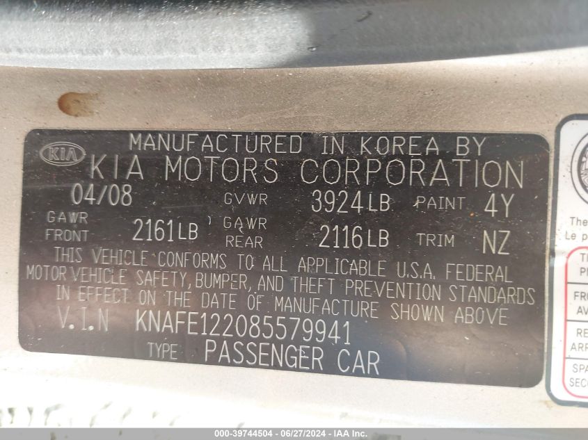 KNAFE122085579941 2008 Kia Spectra Ex