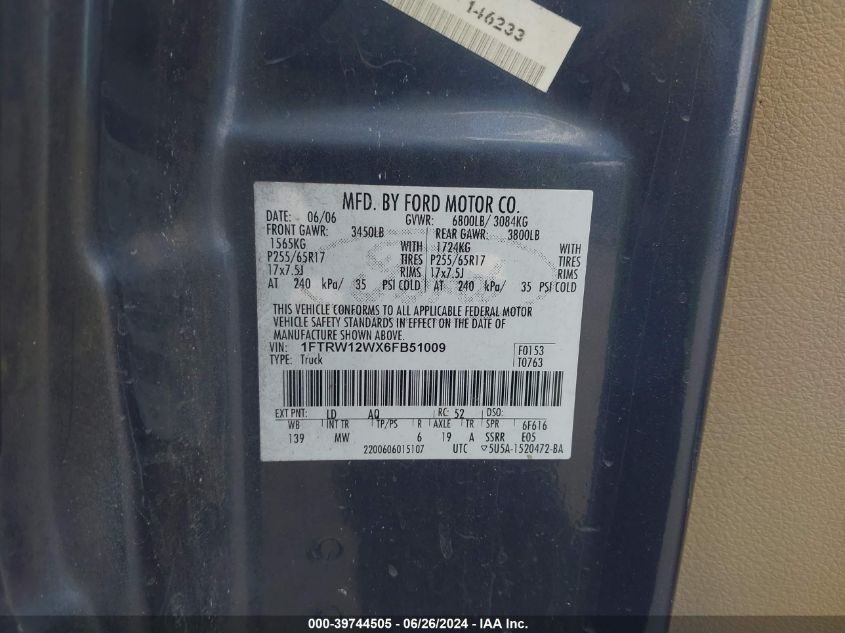 2006 Ford F-150 Xlt VIN: 1FTRW12WX6FB51009 Lot: 39744505