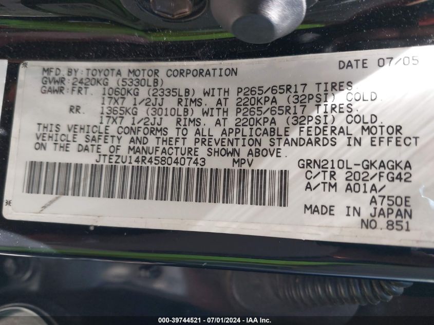 2005 Toyota 4Runner Sr5 V6 VIN: JTEZU14R458040743 Lot: 39744521