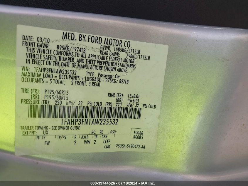 2010 Ford Focus Se VIN: 1FAHP3FN1AW235532 Lot: 39744526