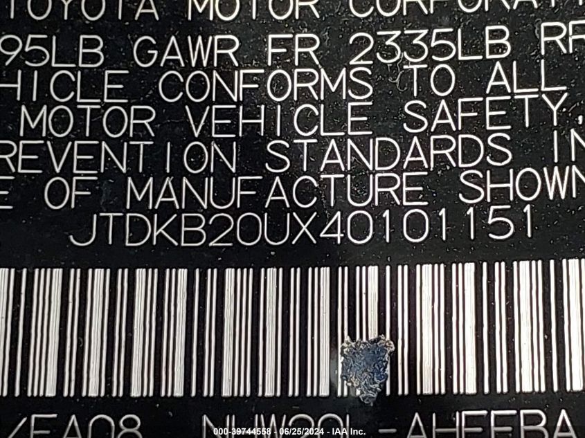2004 Toyota Prius VIN: JTDKB20UX40101151 Lot: 39744558