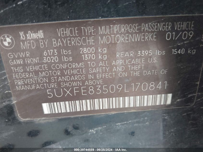 2009 BMW X5 xDrive48I VIN: 5UXFE83509L170841 Lot: 39744559