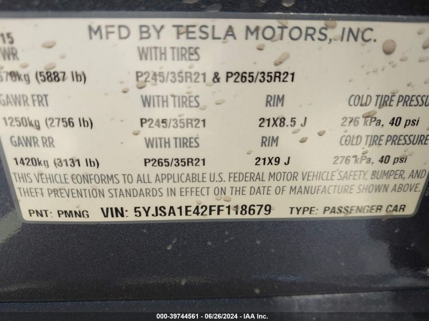 2015 Tesla Model S 85D/P85D VIN: 5YJSA1E42FF118679 Lot: 39744561