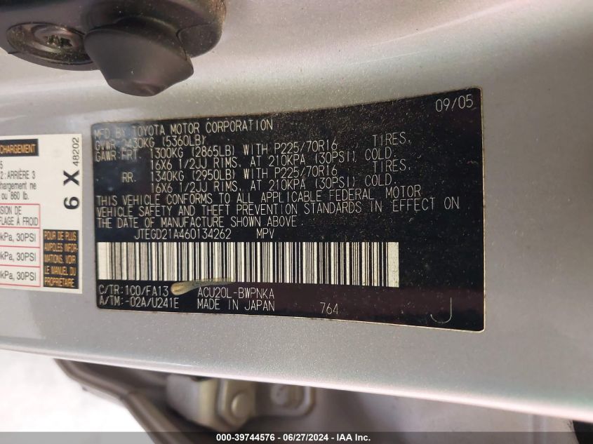 2006 Toyota Highlander VIN: JTEGD21A460134262 Lot: 39744576