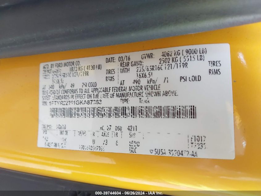 2016 Ford Transit-250 VIN: 1FTYR2ZM1GKA87383 Lot: 39744604