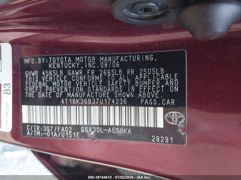 2007 Toyota Avalon Xl/Xls/Touring/Limited VIN: 4T1BK36B37U174236 Lot: 39744615