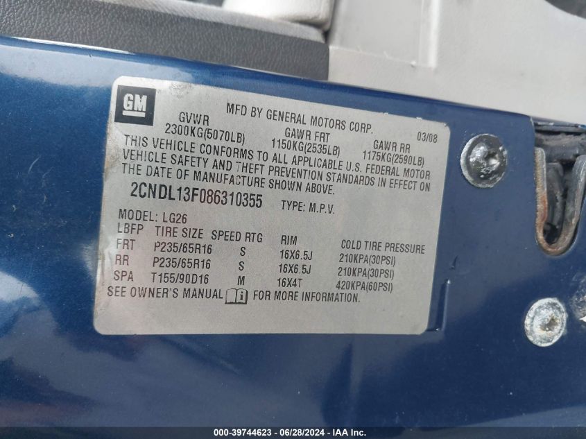 2008 Chevrolet Equinox Ls VIN: 2CNDL13F086310355 Lot: 39744623