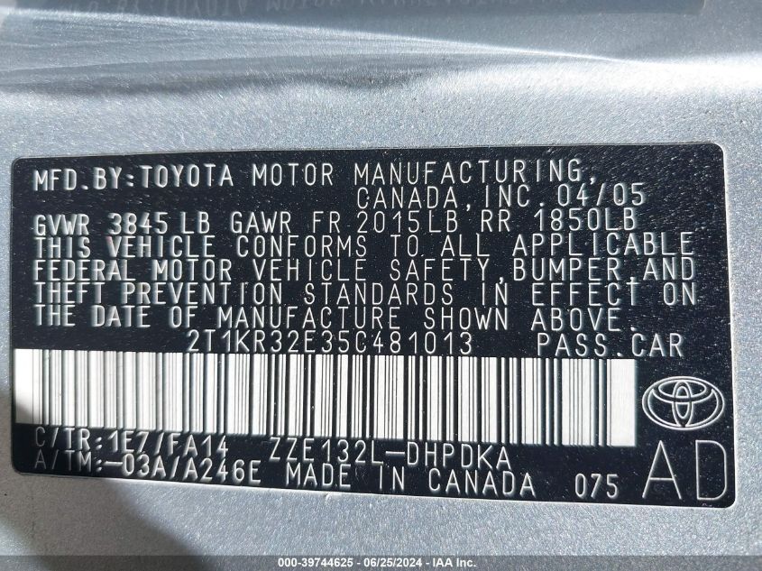 2005 Toyota Matrix VIN: 2T1KR32E35C481013 Lot: 39744625