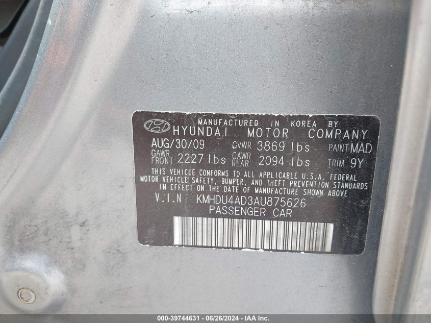 KMHDU4AD3AU875626 2010 Hyundai Elantra Se