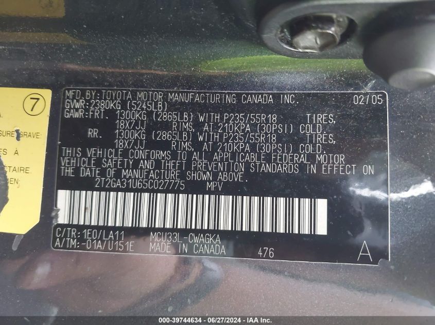 2005 Lexus Rx 330 VIN: 2T2GA31U65C027775 Lot: 39744634