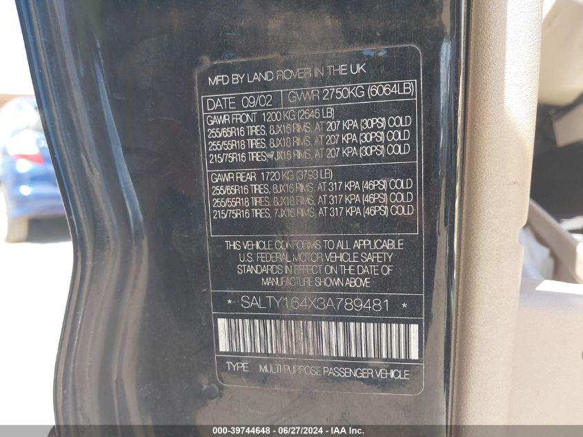 2003 Land Rover Discovery Ii Se VIN: SALTY164X3A789481 Lot: 39744648