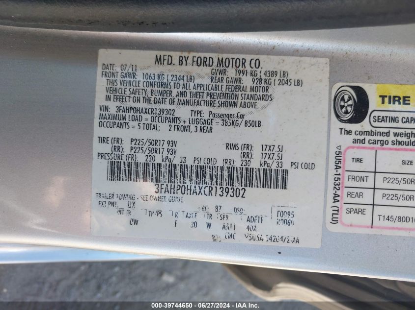 2012 Ford Fusion Se VIN: 3FAHP0HAXCR139302 Lot: 39744650