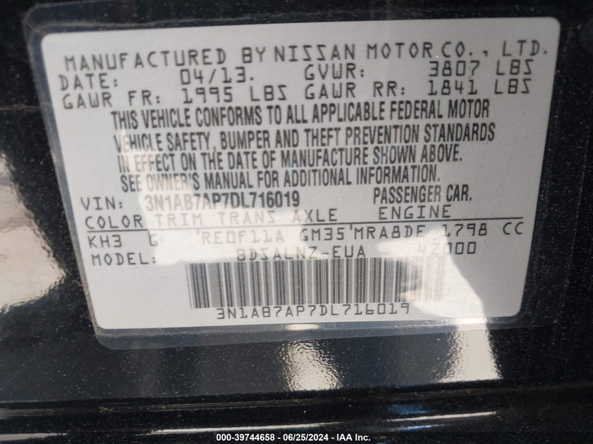 2013 Nissan Sentra Fe+ Sv VIN: 3N1AB7AP7DL716019 Lot: 39744658