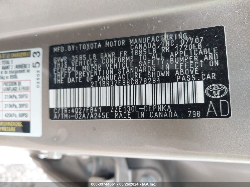 2008 Toyota Corolla Le VIN: 2T1BR32E88C878284 Lot: 39744661