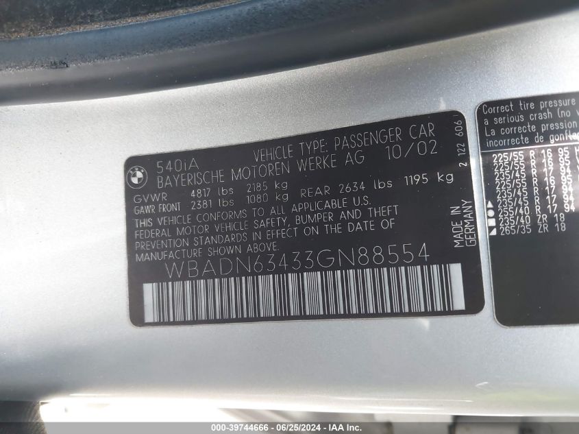 2003 BMW 540Ia VIN: WBADN63433GN88554 Lot: 39744666