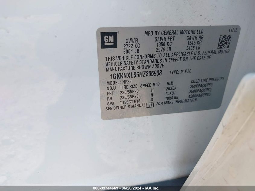 2017 GMC Acadia Denali VIN: 1GKKNXLS5HZ205938 Lot: 39744669