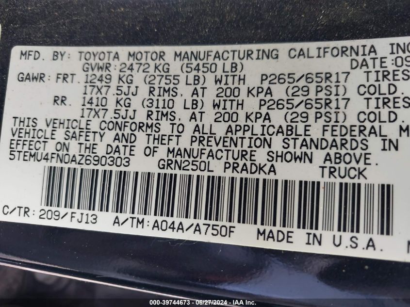 2010 Toyota Tacoma Double Cab Long Bed VIN: 5TEMU4FN0AZ690303 Lot: 39744673