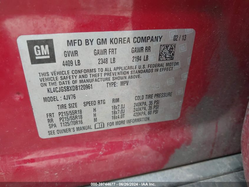 2013 Buick Encore VIN: KL4CJGSBXDB120961 Lot: 39744677