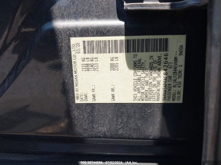 2010 Nissan Maxima 3.5 Sv VIN: 1N4AA5AP4AC842646 Lot: 39744686