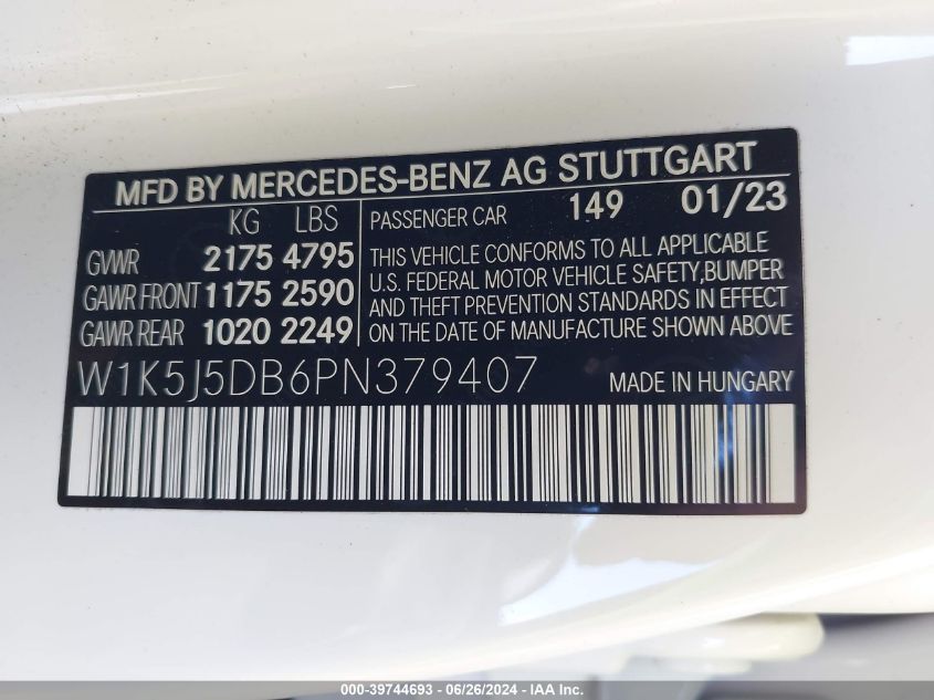 2023 Mercedes-Benz Amg Cla 45 45 Amg VIN: W1K5J5DB6PN379407 Lot: 39744693