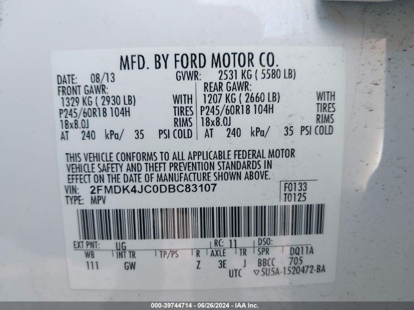 2013 Ford Edge Sel VIN: 2FMDK4JC0DBC83107 Lot: 39744714