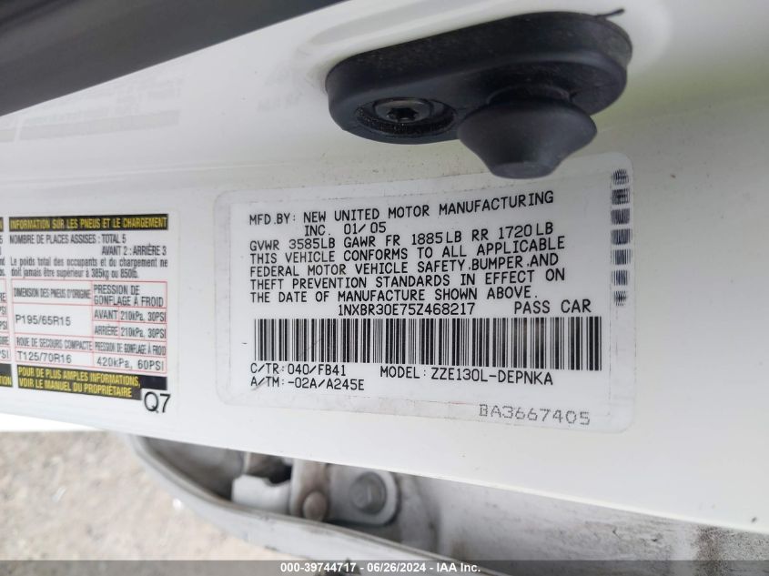 2005 Toyota Corolla Ce/Le/S VIN: 1NXBR30E75Z468217 Lot: 39744717