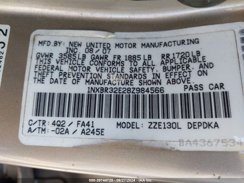 2008 Toyota Corolla Ce VIN: 1NXBR32E28Z984566 Lot: 39744725