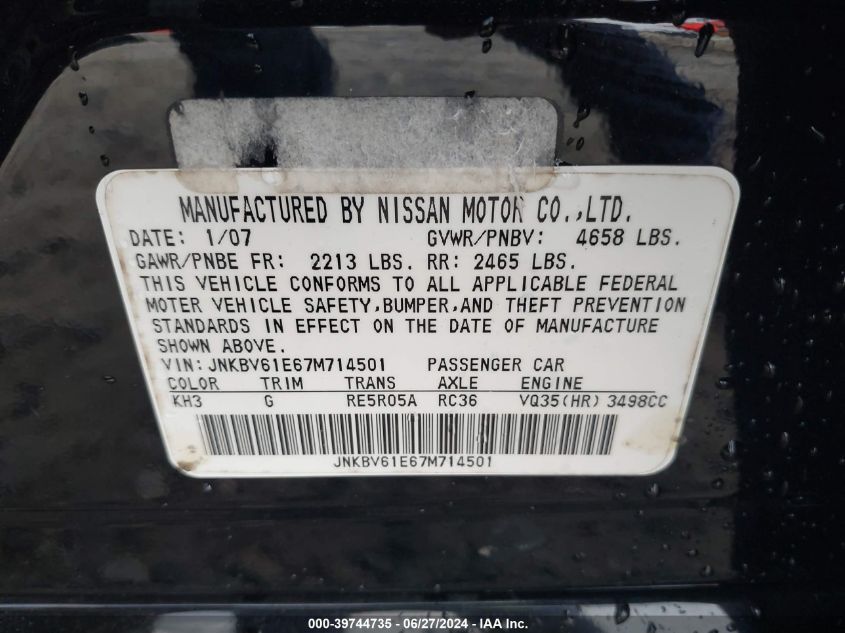 2007 Infiniti G35 Journey VIN: JNKBV61E67M714501 Lot: 39744735