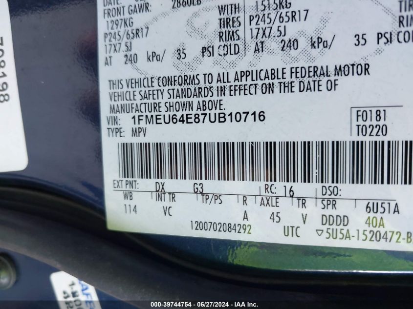 2007 Ford Explorer Eddie Bauer VIN: 1FMEU64E87UB10716 Lot: 39744754