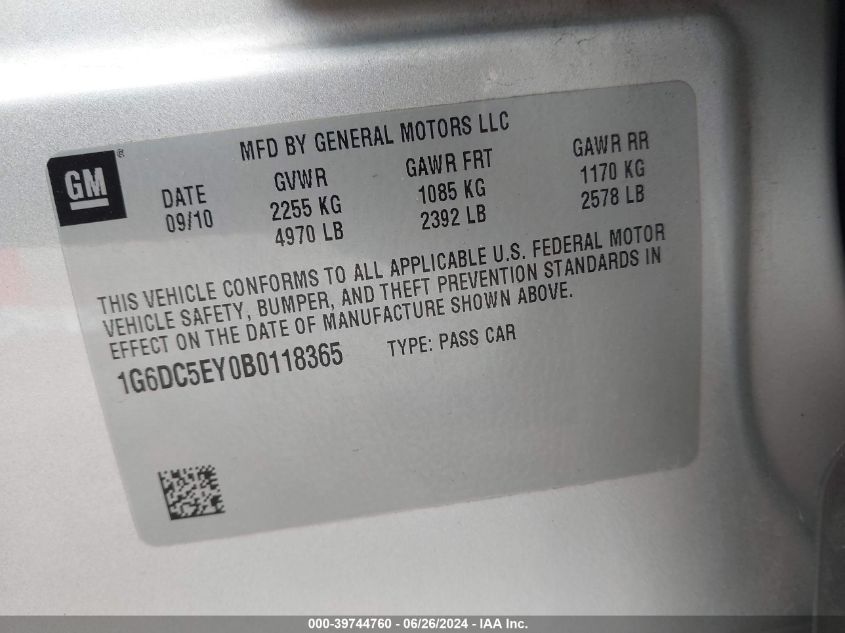 2011 Cadillac Cts VIN: 1G6DC5EY0B0118365 Lot: 39744760