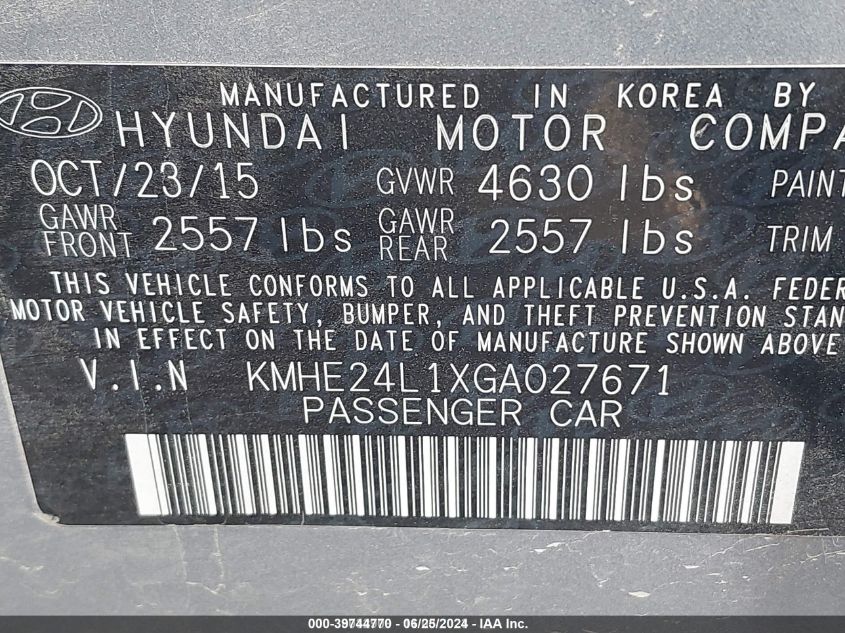 2016 Hyundai Sonata Hybrid Se VIN: KMHE24L1XGA027671 Lot: 39744770