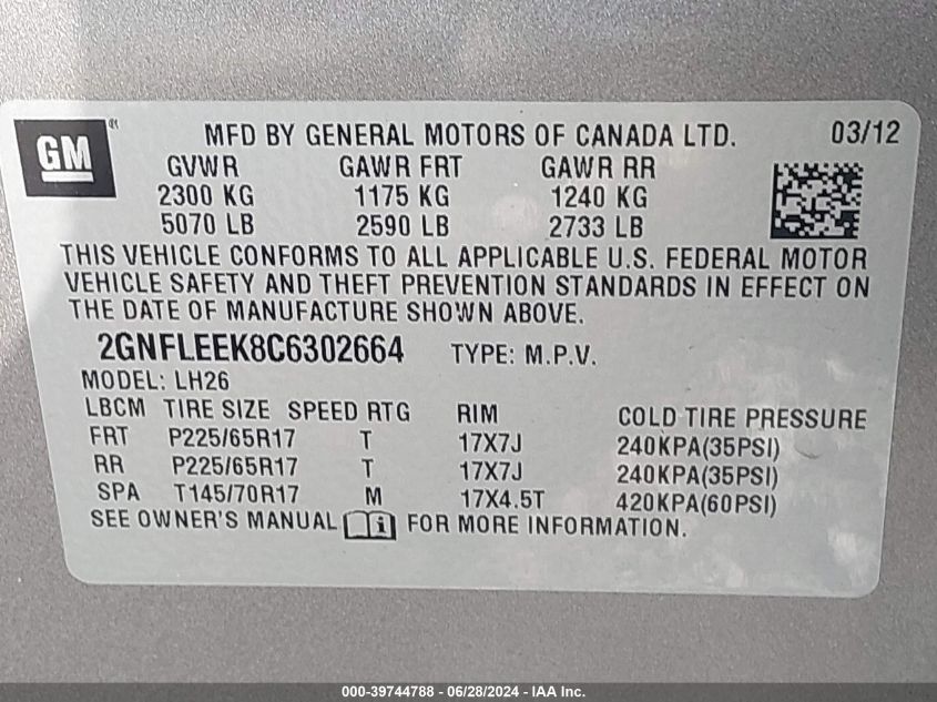 2012 Chevrolet Equinox Lt VIN: 2GNFLEEK8C6302664 Lot: 39744788