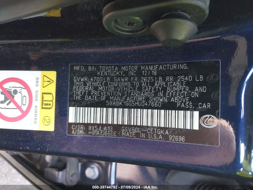 2017 Lexus Es 350 VIN: 58ABK1GG5HU047660 Lot: 39744792