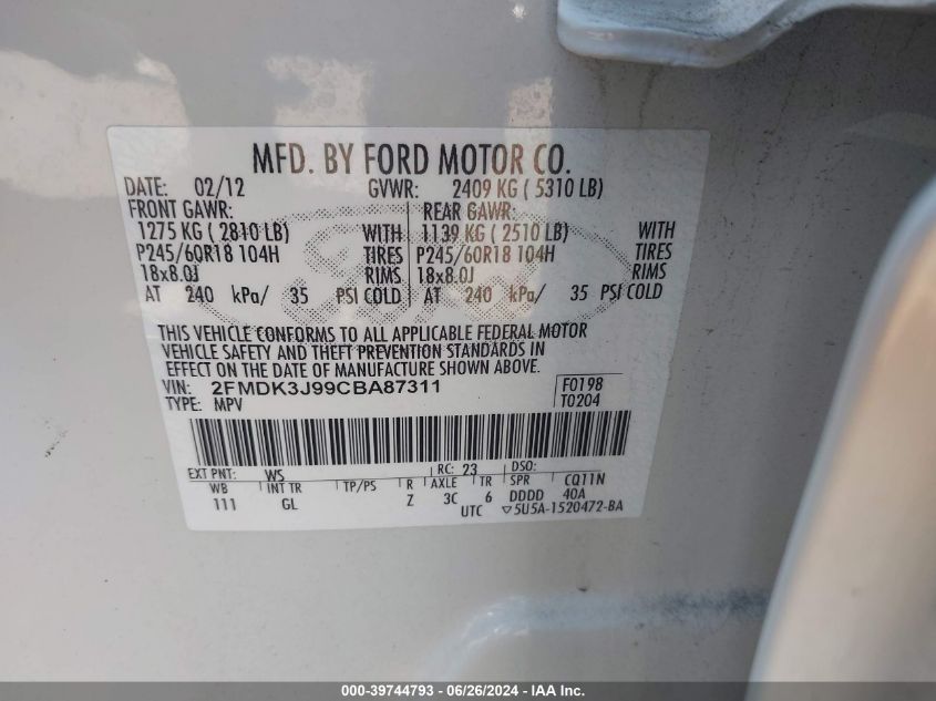 2012 Ford Edge Sel VIN: 2FMDK3J99CBA87311 Lot: 39744793