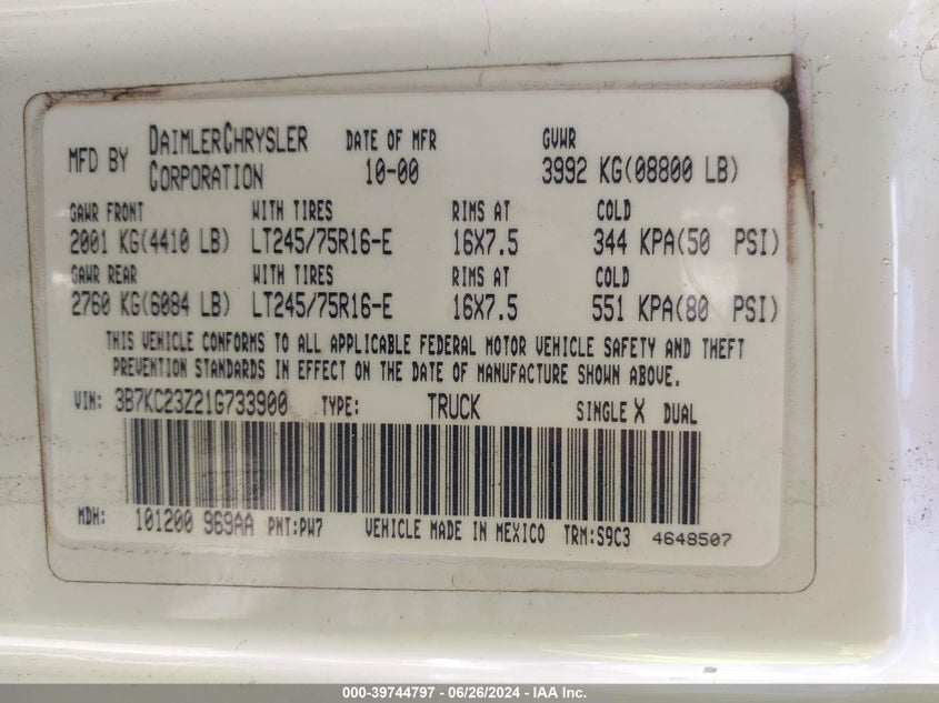 2001 Dodge Ram 2500 St VIN: 3B7KC23Z21G733900 Lot: 39744797