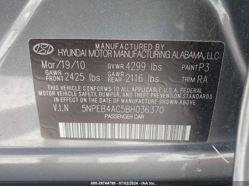 2011 Hyundai Sonata Gls VIN: 5NPEB4AC5BH036370 Lot: 39744799