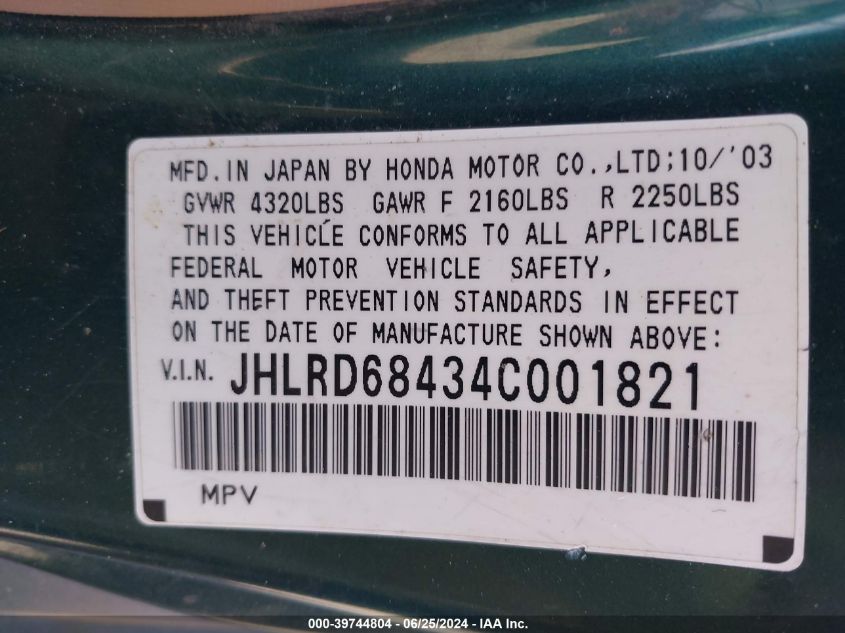 2004 Honda Cr-V Lx VIN: JHLRD68434C001821 Lot: 39744804